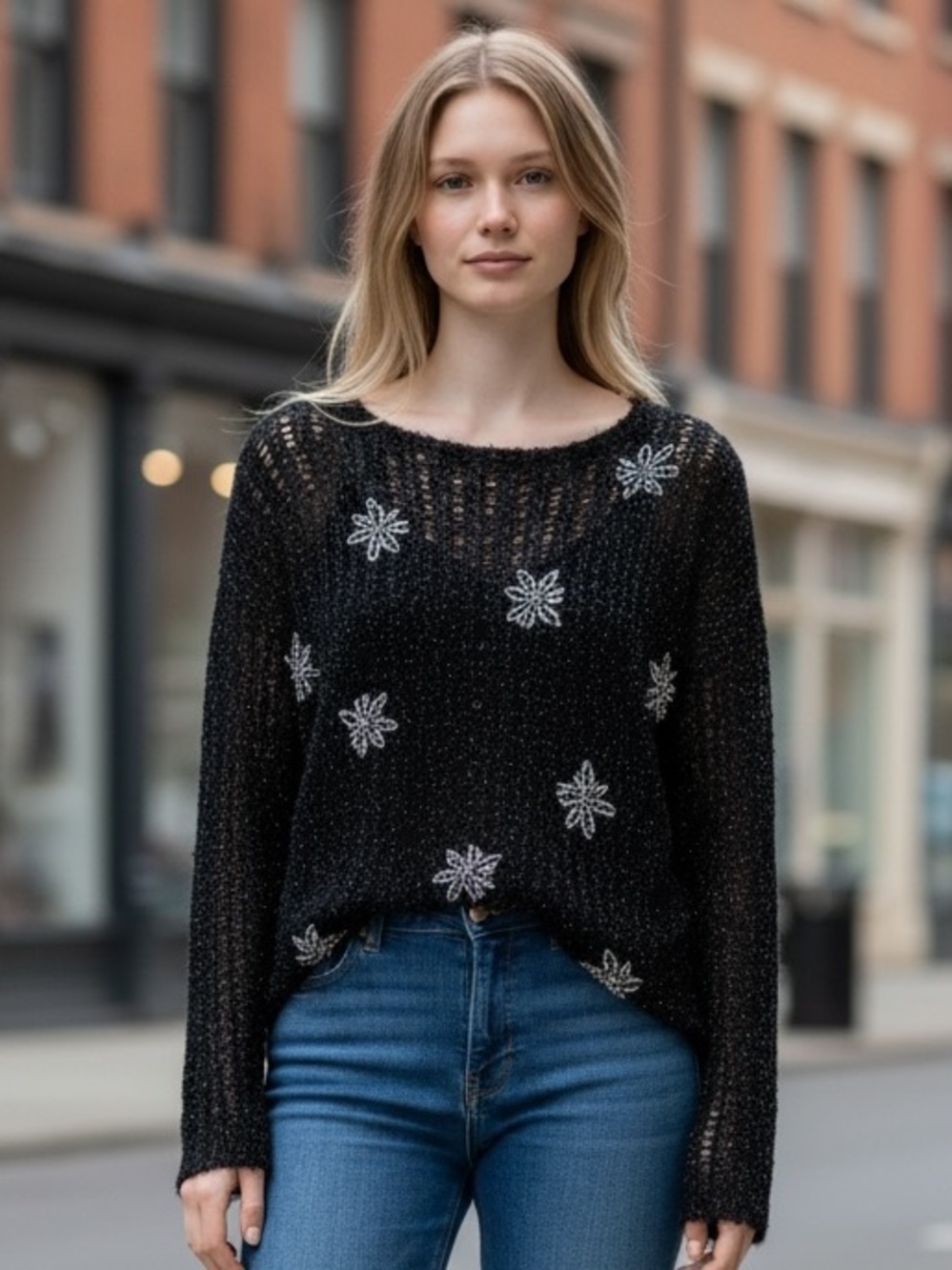 NWT Zara Beaded Mesh Top black textured mesh decorative beaded Star Snowflake